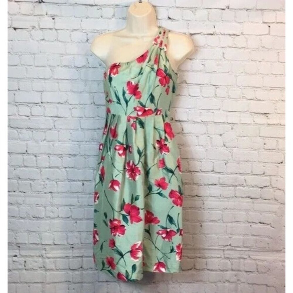 Express Dress One Shoulder Green Floral Silk Knee 39" Length Size 4